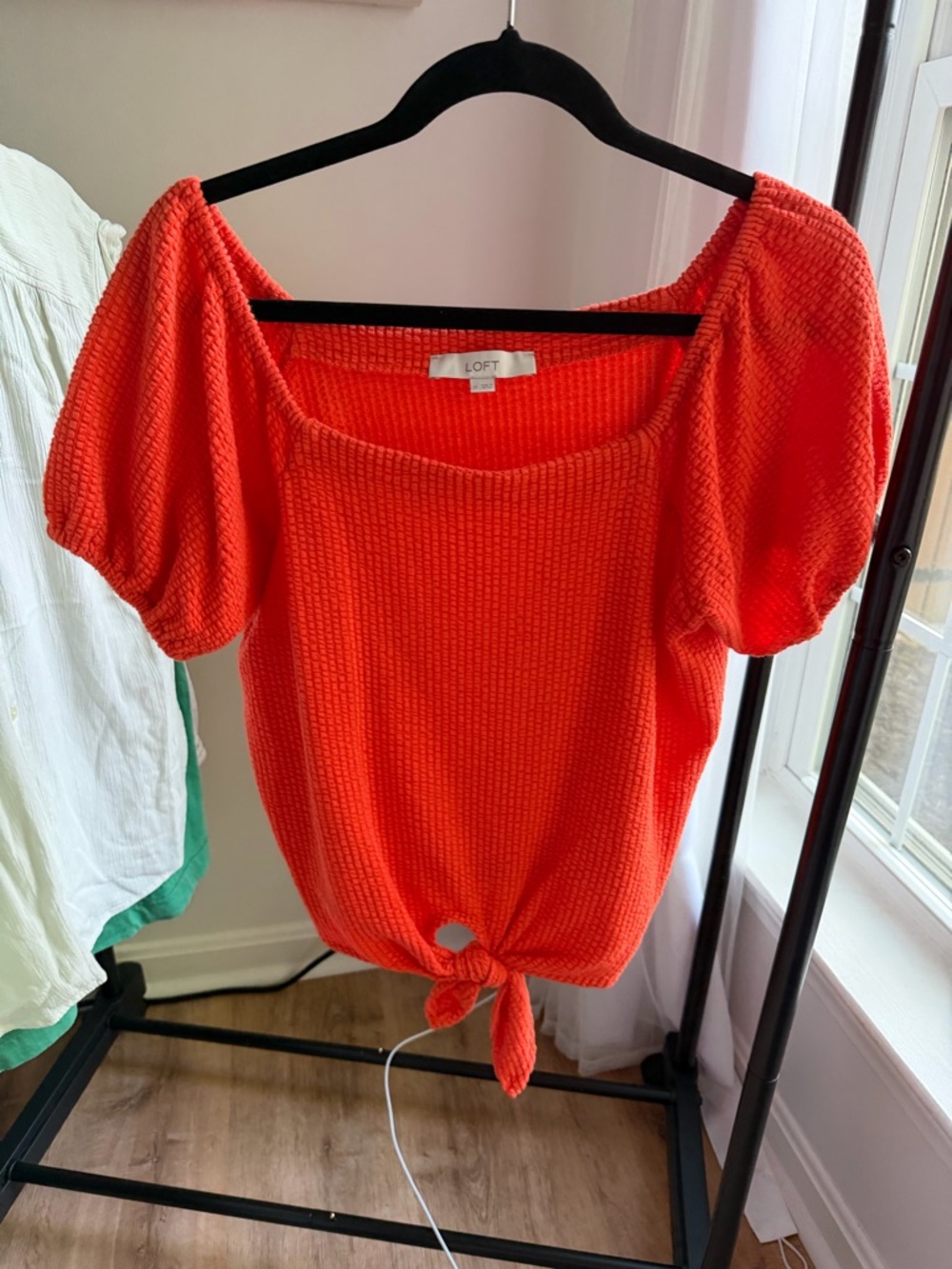 LOFT Orange Red Tie-Front Puff Sleeve Top